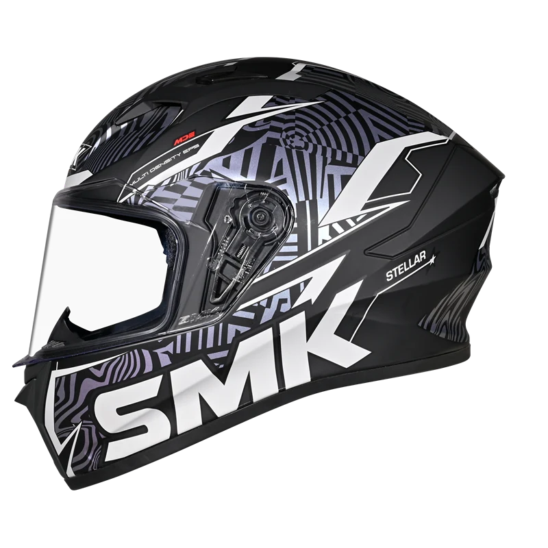 Motorcycle full face helmet gloss black with violet mild gradient pattern with white outline