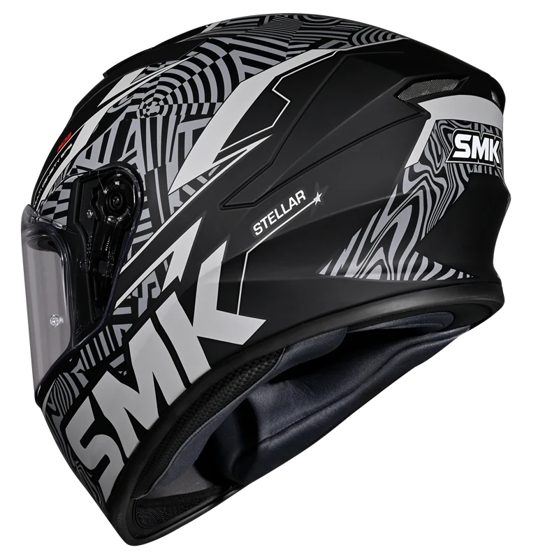 Motorcycle full face helmet matt / gloss black with white pattern and outline 