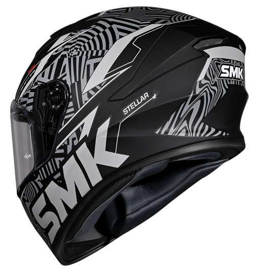 Motorcycle full face helmet matt / gloss black with white pattern and outline 