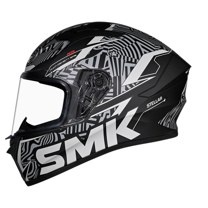 Motorcycle full face helmet matt / gloss black with white pattern and outline 
