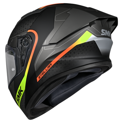 Motorcycle full face helmet gloss black grey yellow sun visor , extended spoiler 