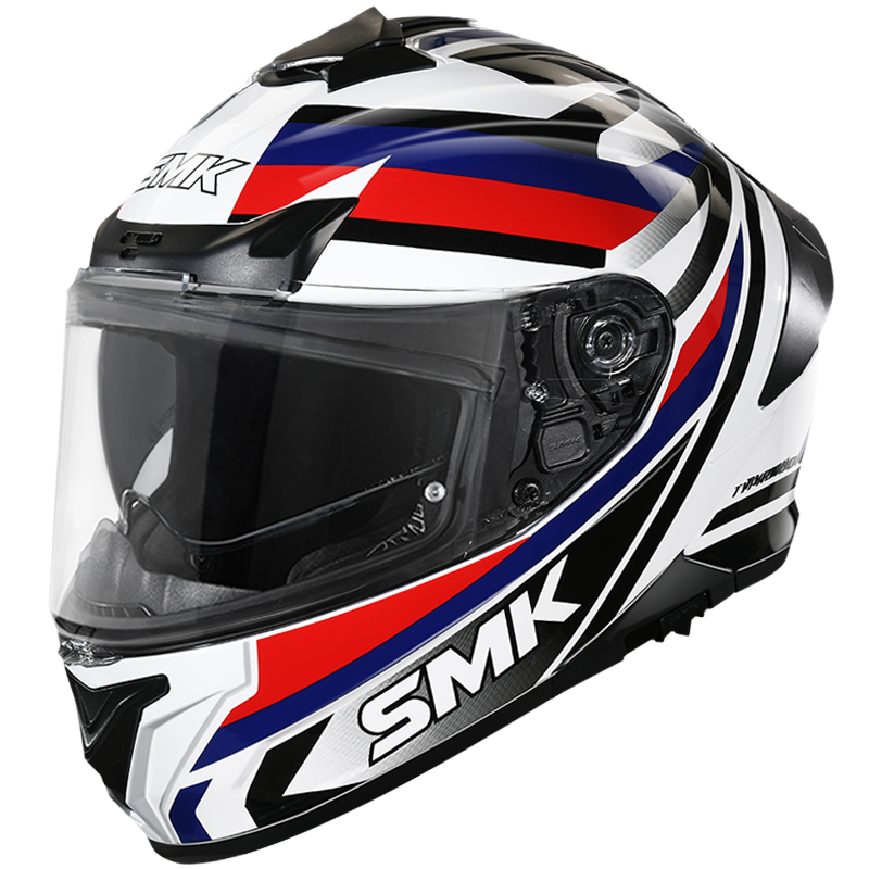 Motorcycle full face helmet gloss white with black blue red stripes graphic dual visor