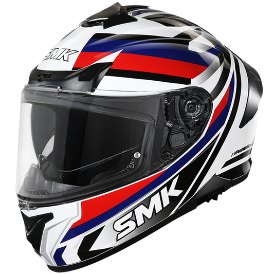 Motorcycle full face helmet gloss white with black blue red stripes graphic dual visor