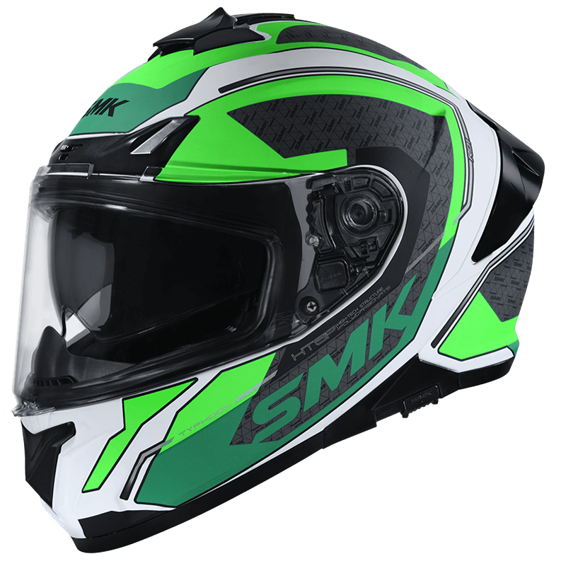 Motorcycle full face helmet glossy green grey black geometric pattern pinlock ready dual visor 