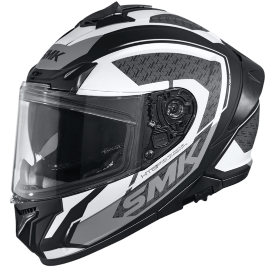 Motorcycle full face helmet glossy black white grey geometric pattern pinlock ready dual visor 