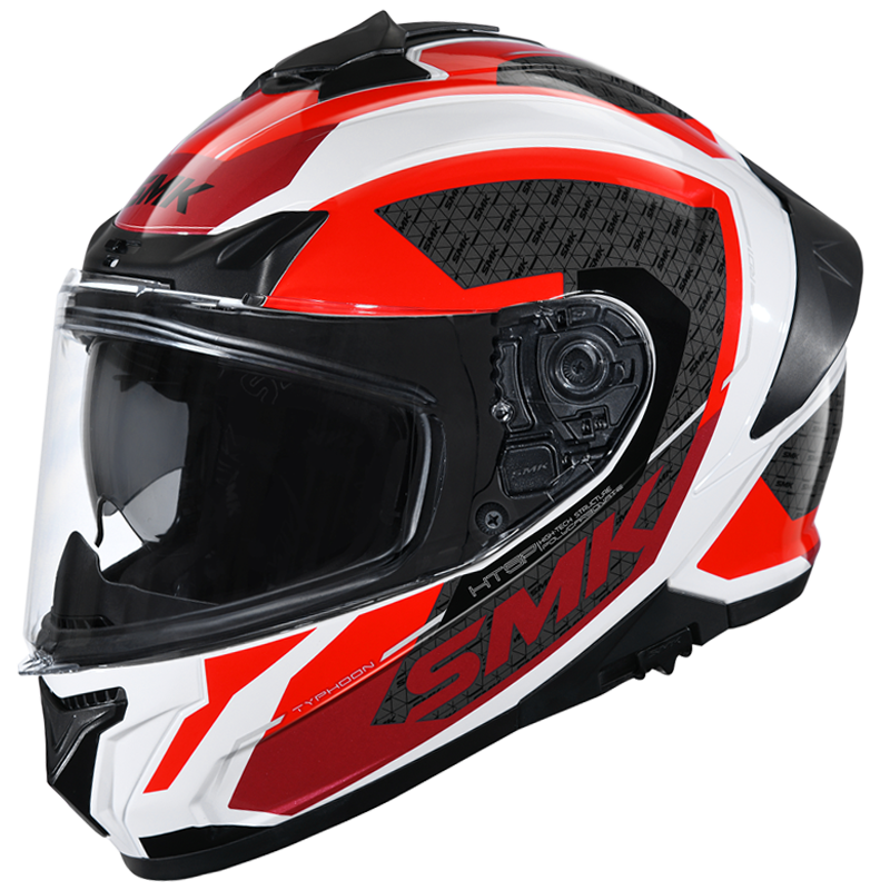 Motorcycle full face helmet glossy red white grey geometric pattern pinlock ready dual visor 