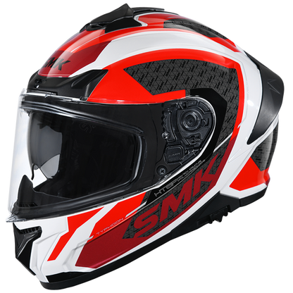 Motorcycle full face helmet glossy red white grey geometric pattern pinlock ready dual visor 