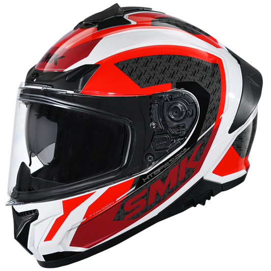 Motorcycle full face helmet glossy red white grey geometric pattern pinlock ready dual visor 
