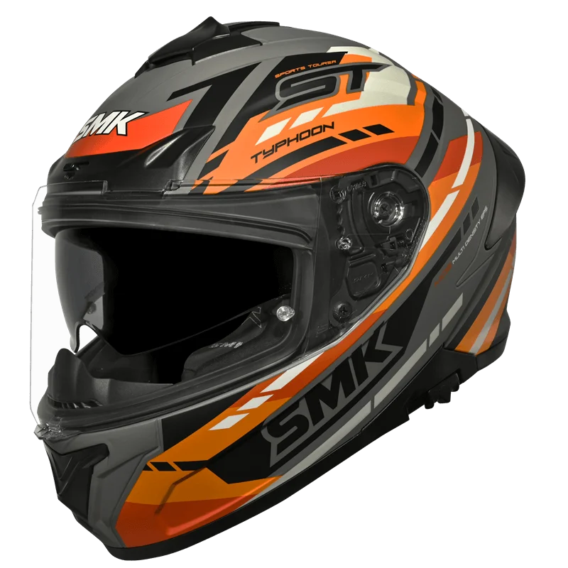 Motorcycle full face helmet glossy orange grey black sporty pattern 