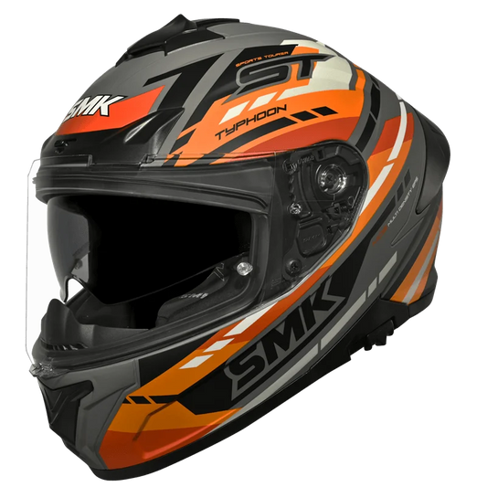 Motorcycle full face helmet glossy orange grey black sporty pattern 