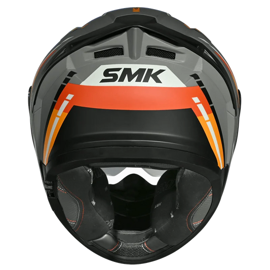 Motorcycle full face helmet glossy orange grey black sporty pattern 