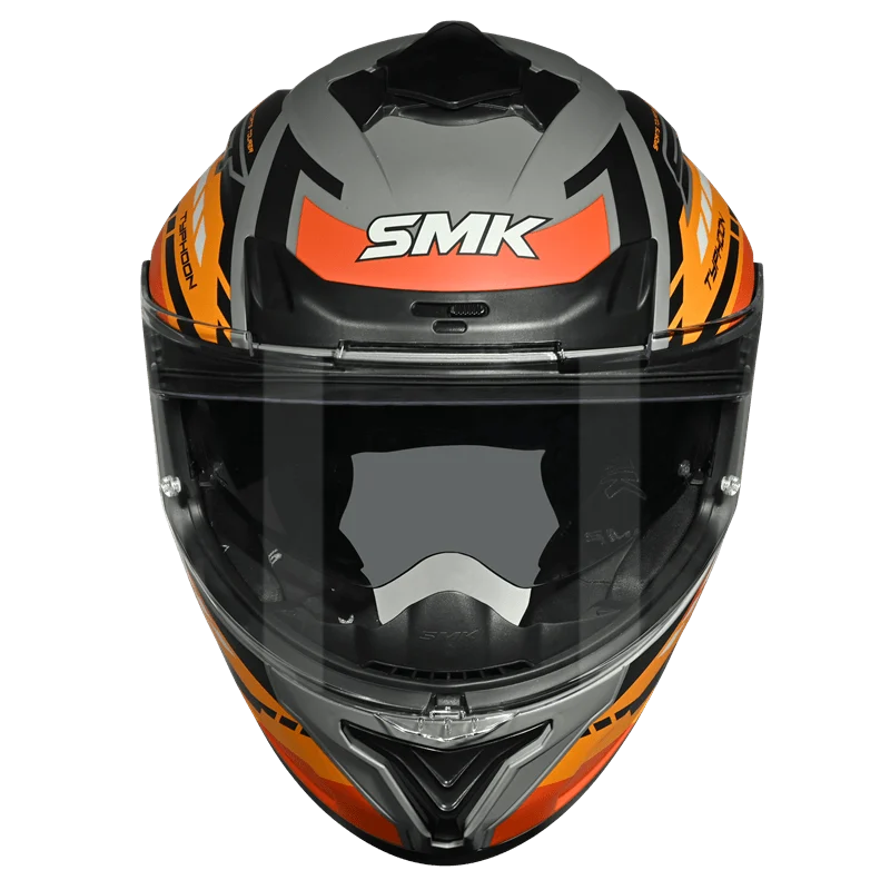 Motorcycle full face helmet glossy orange grey black sporty pattern 