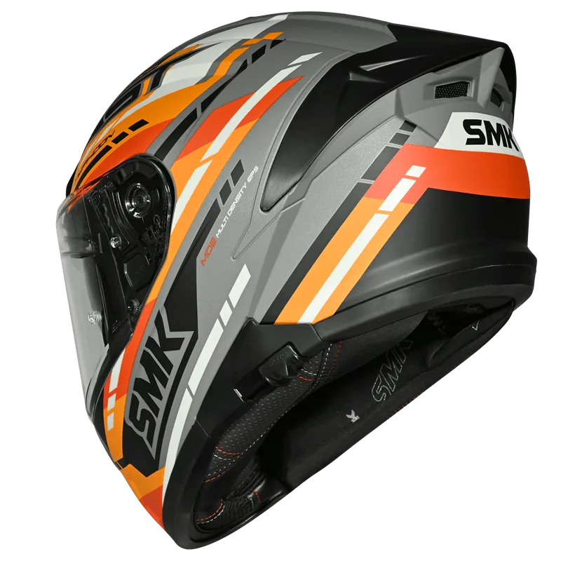 Motorcycle full face helmet glossy orange grey black sporty pattern 