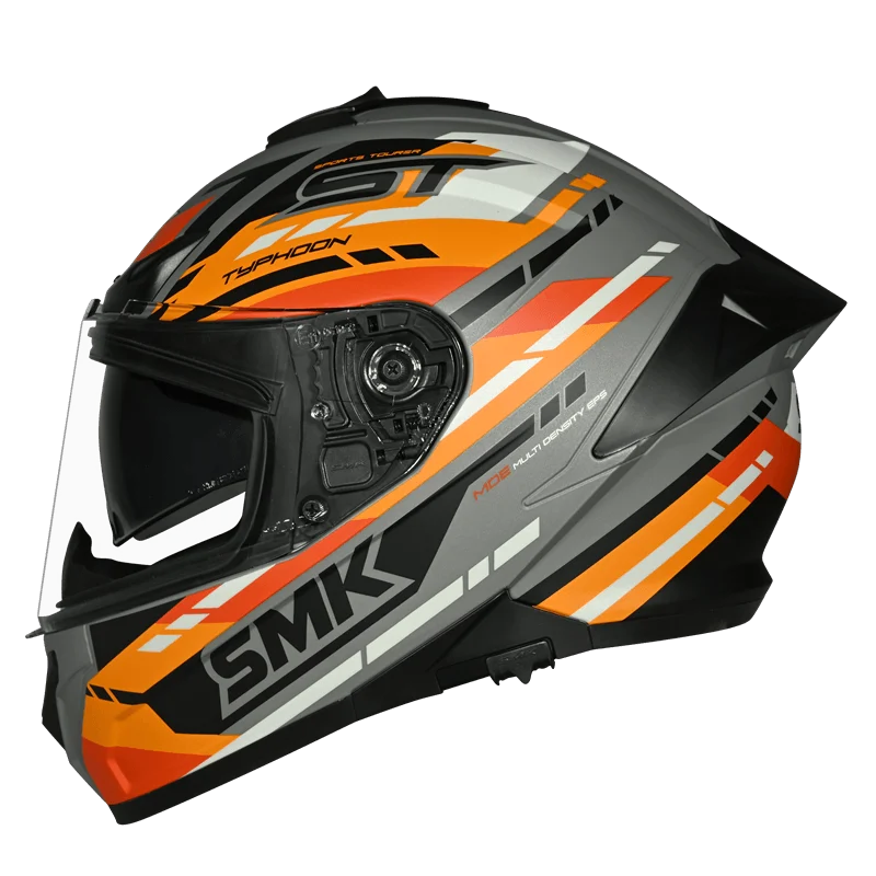 Motorcycle full face helmet glossy orange grey black sporty pattern 