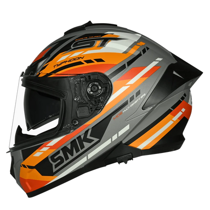 Motorcycle full face helmet glossy orange grey black sporty pattern 