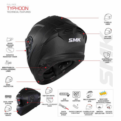 Motorcycle full face helmet SMK Typhoon features 