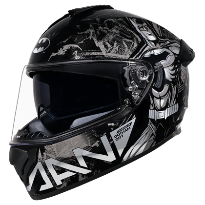 Motorcycle full face helmet black and silver glossy batman graphical