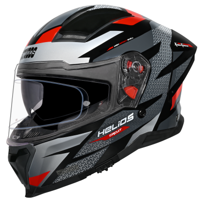 Motorcycle full face helmet glossy black grey and red scale graphic 