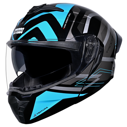Motorcycle glossy black blue and grey modular / flip-up helmet superior airflow