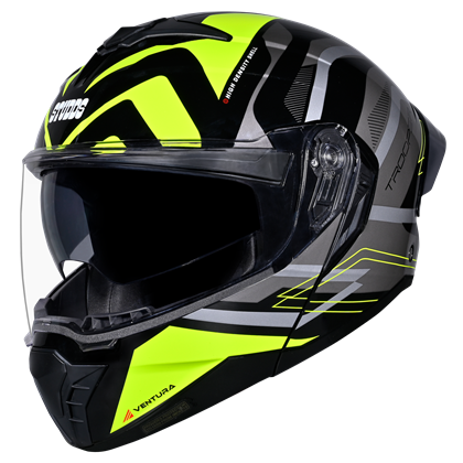 Motorcycle modular / flip-up helmet glossy black light green and grey - dual visor