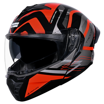 motorcycle flip up / modular helmet glossy black red and grey - ISI / DOt
