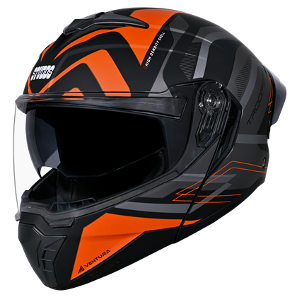 Motorcycle flipup / modular helmet - matt orange black grey - dual visor, ISI / DOT 