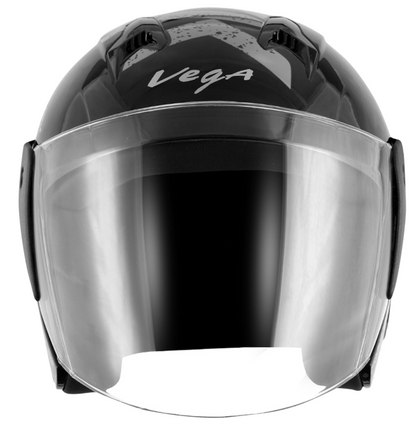 scooter/motorcycle open face helmet black with grey text graphics