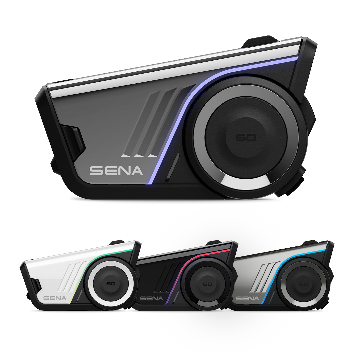 Motorcycle bluetooth intercom with mesh connectivity black base with interchangeable colour faceplates with torchlight 