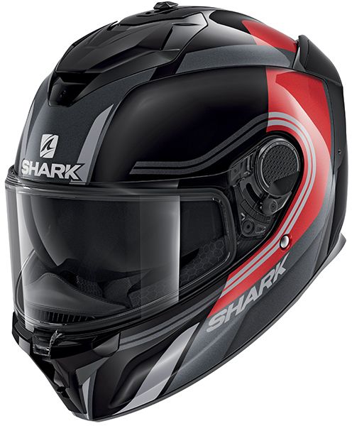 Motorcycle riding full face helmet designed for racing by Shark with black and grey scheme red graphics