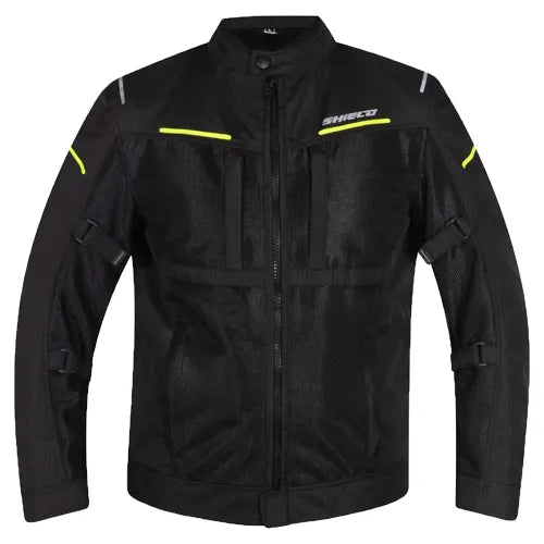 Motorcycle Level 2 armoured mesh riding jacket black with hi-viz green strips 