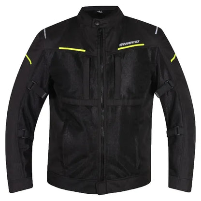 Motorcycle Level 2 armoured mesh riding jacket black with hi-viz green strips 
