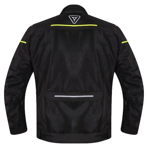 Motorcycle Level 2 armoured mesh riding jacket black with hi-viz green strips 