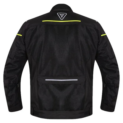 Motorcycle Level 2 armoured mesh riding jacket black with hi-viz green strips 
