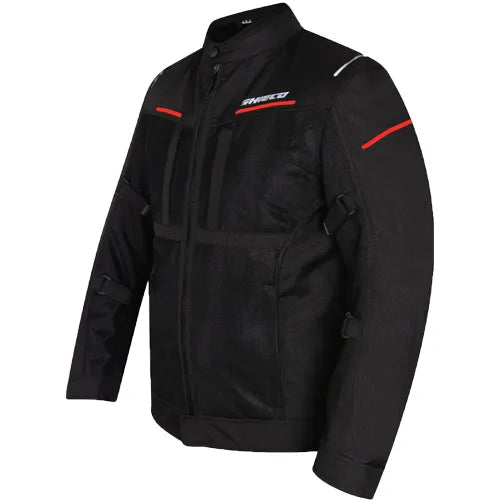 Motorcycle Level 2 armoured mesh riding jacket black with hi-viz red strips 
