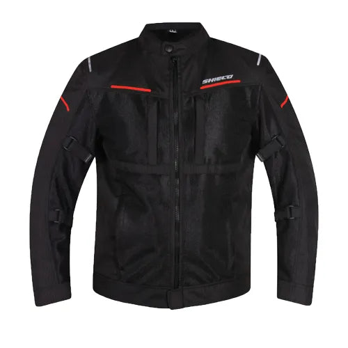 Motorcycle Level 2 armoured mesh riding jacket black with hi-viz red strips 