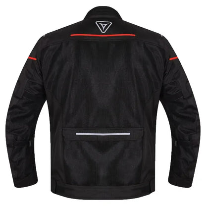 Motorcycle Level 2 armoured mesh riding jacket black with hi-viz red strips 