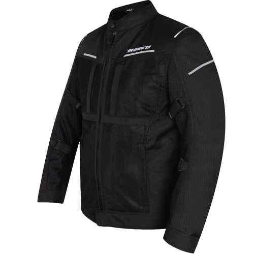 Motorcycle Level 2 armoured mesh riding jacket black with hi-viz white strips