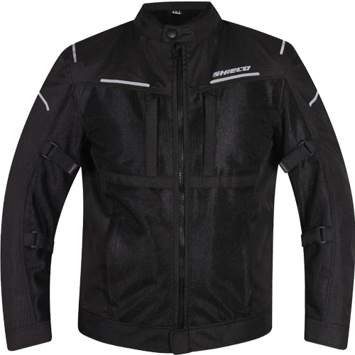 Motorcycle Level 2 armoured mesh riding jacket black with hi-viz white strips 