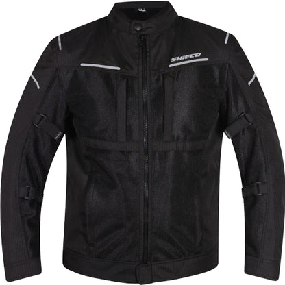 Motorcycle Level 2 armoured mesh riding jacket black with hi-viz white strips 