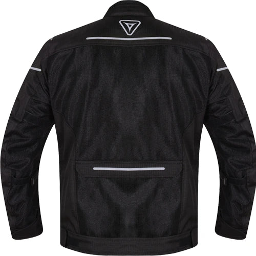 Motorcycle Level 2 armoured mesh riding jacket black with hi-viz white strips 