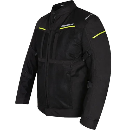 Motorcycle Level 2 armoured mesh riding jacket black with hi-viz green strips 