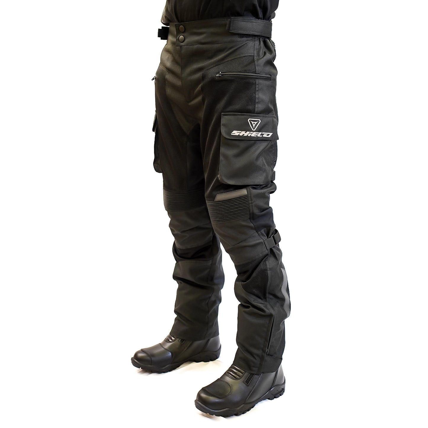 Motorcycle riding / touring pants black with grey reflective adjustable pulls 