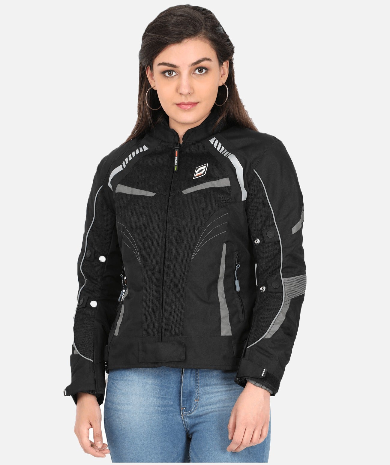 Motorcycle riding women's armoured jacket black with reflective grey strips 