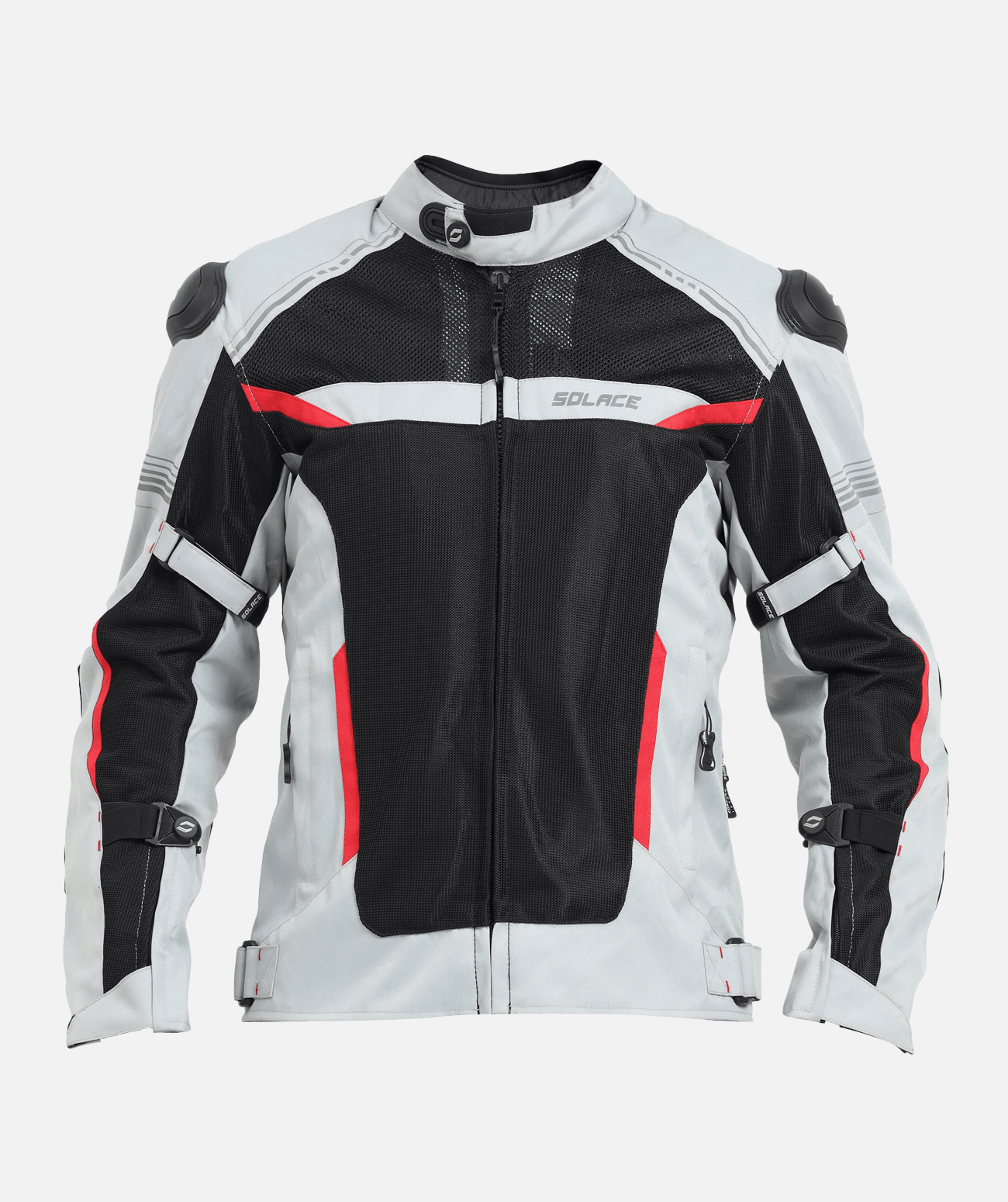 Motorcycle silver with black riding jacket with armours and seasonal layers