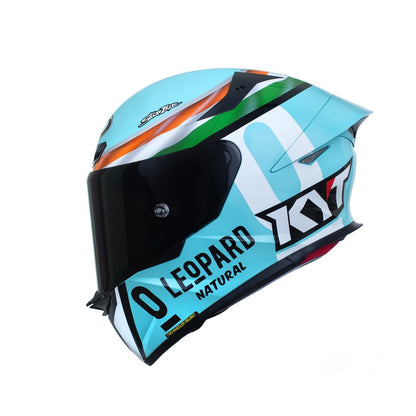 Motorcycle riding full face KYT Leopard India edition light blue based graphics helmet