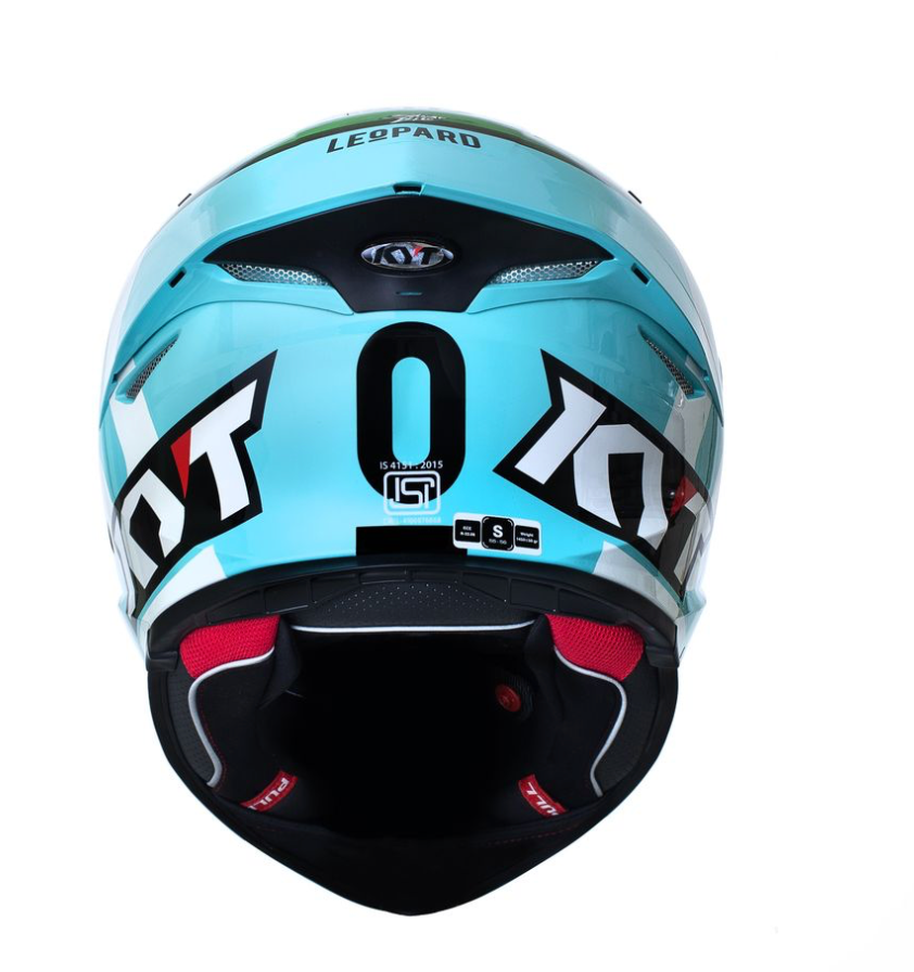 Motorcycle riding full face KYT Leopard India edition light blue based graphics helmet