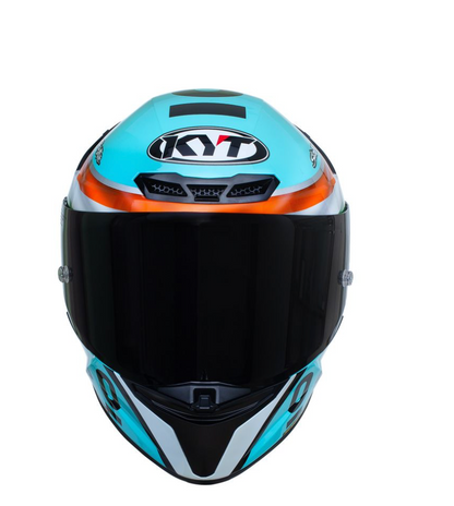 Motorcycle riding full face KYT Leopard India edition light blue based graphics helmet