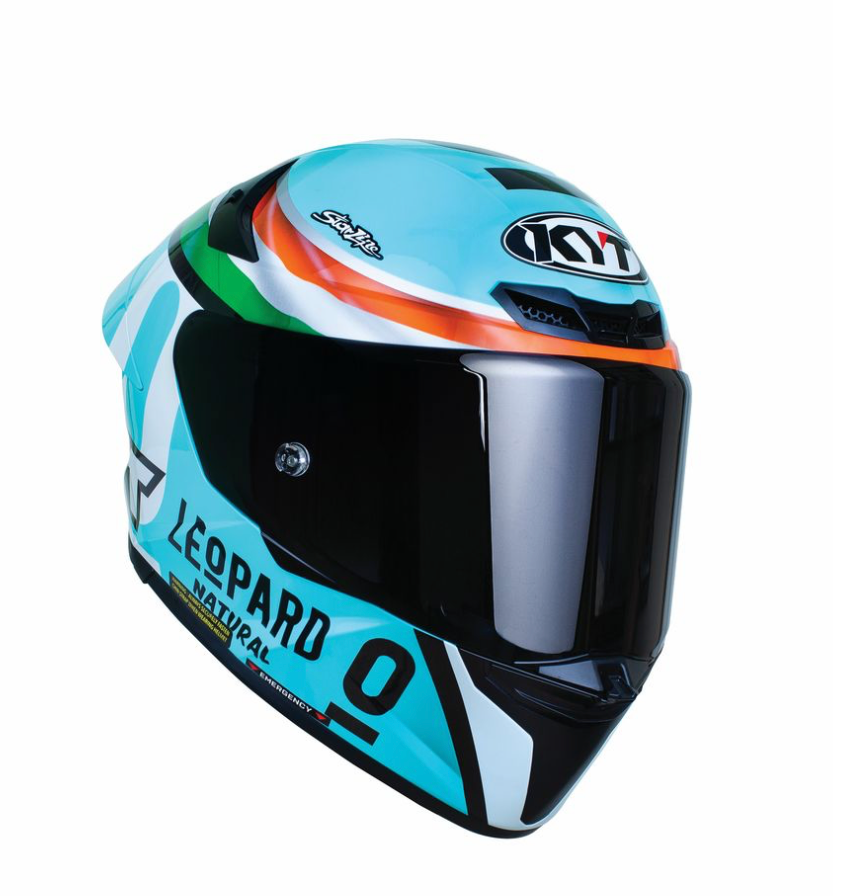 Motorcycle riding full face KYT Leopard India edition light blue based graphics helmet