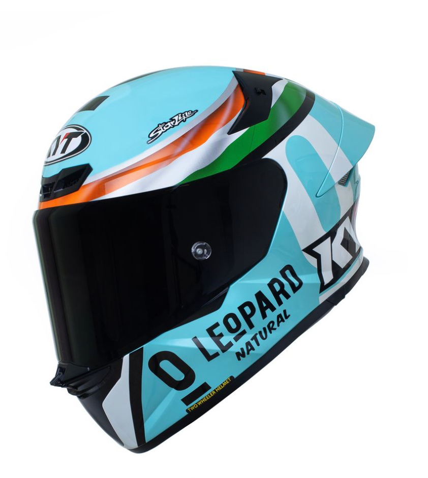 Motorcycle riding full face KYT Leopard India edition light blue based graphics helmet