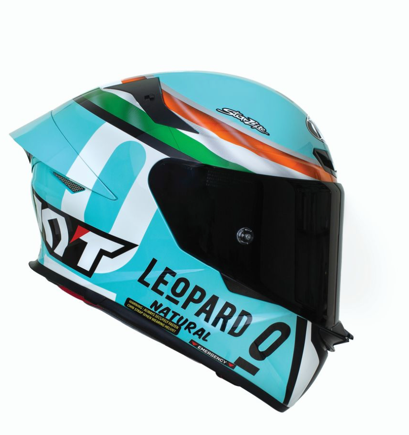 Motorcycle riding full face KYT Leopard India edition light blue based graphics helmet